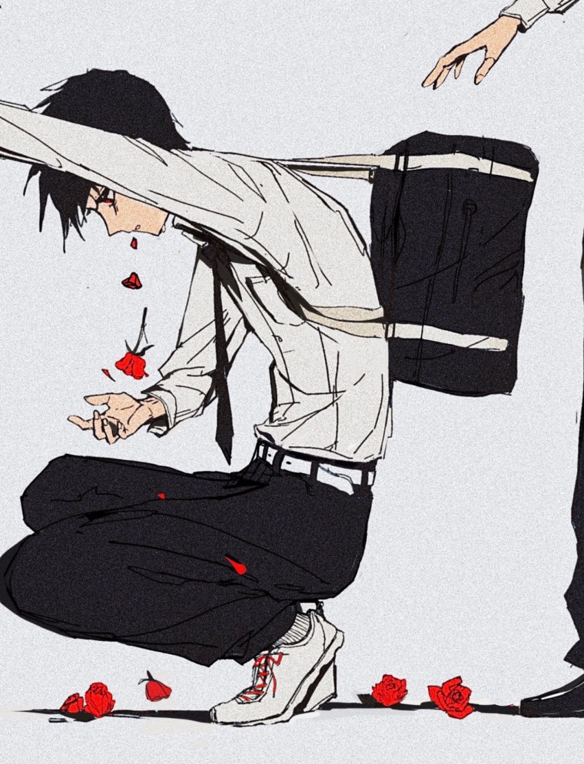 1boy alternate_body_fluid bag bags_under_eyes belt black_footwear black_hair black_necktie coughing_flowers cross-laced_footwear flower from_side grey_background highres long_sleeves looking_at_hand looking_down male_focus mitsubachi_(roundbee) necktie original out_of_frame outstretched_arm pants petals profile reaching red_flower red_rose rose school_bag school_uniform shirt short_hair simple_background socks solo_focus squatting standing tears white_footwear white_pants white_shirt