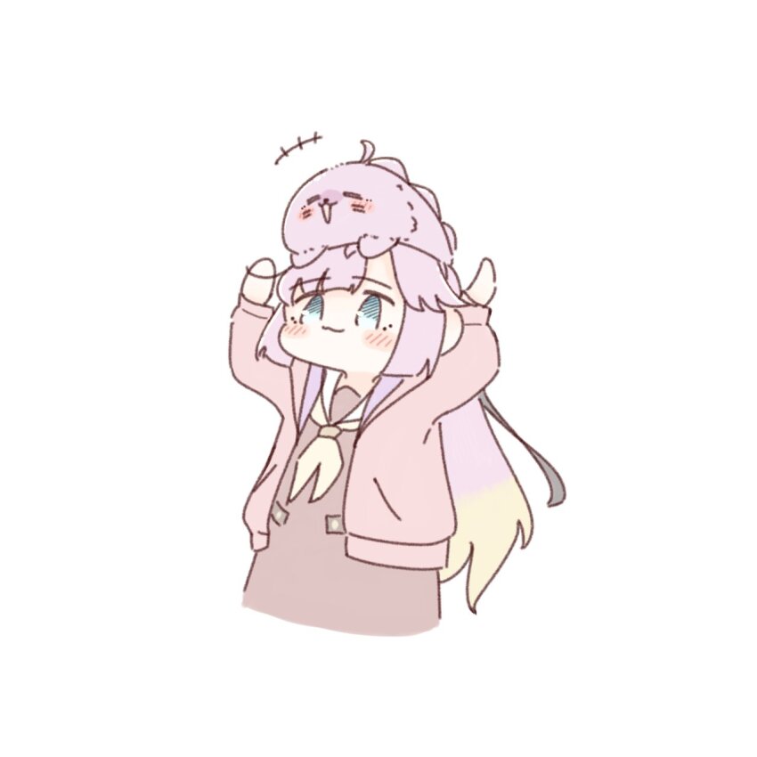 1girl :3 ahoge amano_tatsu animal animal_on_head animalization anyoji_hime arms_up black_ribbon blonde_hair blue_eyes blunt_bangs blush brown_dress closed_mouth commentary_request deformed dress dual_persona gradient_hair hair_ribbon hasu_no_sora_school_uniform highres hood hooded_jacket jacket link!_like!_love_live! long_hair long_sleeves love_live! multi-tied_hair multicolored_hair neckerchief on_head open_clothes open_jacket open_mouth person_and_animalization pink_hair pink_jacket ponytail ribbon sailor_collar sailor_dress school_uniform sidelocks swept_bangs very_long_hair virtual_youtuber white_sailor_collar winter_uniform yellow_neckerchief