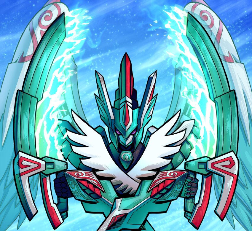 armor blue_background blue_sky digimon digimon_(creature) digimon_liberator dual_wielding energy_blade energy_sword feathered_wings fire full_armor glowing glowing_sword glowing_weapon green_armor green_fire highres holding lbrightbladel multiple_wings purple_eyes sky solo sword upper_body weapon white_wings wings x_arms zephagamon