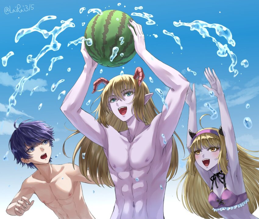 1girl 2boys 888666 abs ahoge aqua_eyes arms_up azbar_(dragon_quest) bikini black_bow black_horns black_nails blonde_hair blue_eyes blue_hair blue_sky bow bow_choker breasts choker cleavage cloud collarbone colored_eyelashes colored_skin commentary_request demon_boy demon_girl dragon_quest dragon_quest_x floating_hair food fruit highres holding holding_food holding_fruit holding_watermelon horns long_hair looking_up multiple_boys muscular muscular_male navel nipples open_mouth outdoors pointy_ears purple_bikini purple_skin red_horns rinverry risoru_(dq10) short_hair sky small_breasts swimsuit topless_male twitter_username upper_body water_drop watermelon yellow_eyes