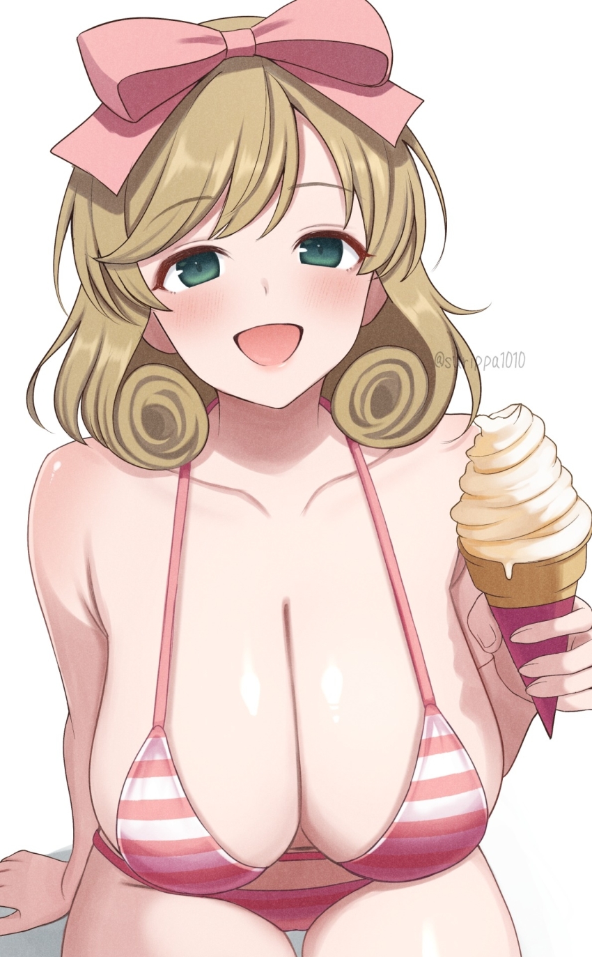1girl :d bikini blonde_hair blush bow breasts commentary_request eyelashes food green_eyes hair_bow haruka_(senran_kagura) highres holding holding_food holding_ice_cream ice_cream ice_cream_cone large_breasts medium_hair open_mouth pink_bikini pink_bow senran_kagura simple_background sitting smile solo surippa1010 swimsuit twitter_username white_background