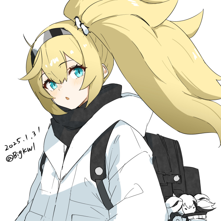 1girl absurdres aqua_eyes backpack bag bigkwl blonde_hair dated gambier_bay_(kancolle) hair_between_eyes headband highres hood hood_down hooded_jacket jacket kantai_collection long_hair long_sleeves looking_at_viewer ponytail solo upper_body white_background white_jacket