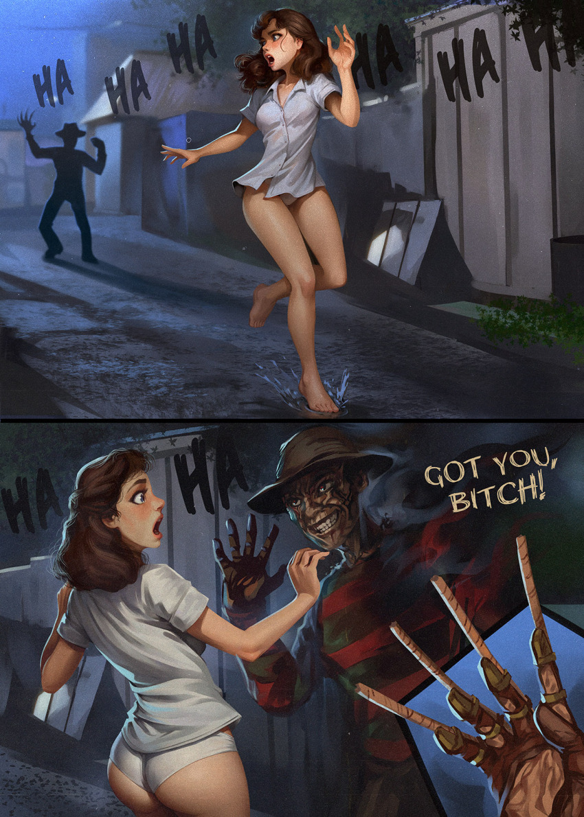 1boy 1girl a_nightmare_on_elm_street ass barefoot breasts brown_hair brown_hat collarbone collared_shirt english_text food freddy_krueger grey_shirt hat highres long_hair medium_breasts nancy_thompson night nightmare outdoors panties rope running sane-person shirt striped_clothes striped_shirt underwear wedgie white_panties