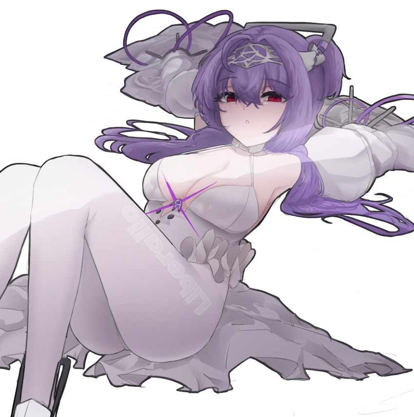 1girl ahoge armpit_crease bare_shoulders breasts character_name choker cleavage collarbone commentary detached_sleeves dress english_commentary english_text eyebrows_hidden_by_hair eyelashes frilled_dress frills goddess_of_victory:_nikke hair_intakes hairband highres juliet_sleeves knees_up liberalio_(nikke) long_hair long_sleeves looking_at_viewer lying medium_breasts pantyhose parted_lips puffy_sleeves purple_hair purple_trim raised_eyebrows red_eyes rh4a8p solo white_background white_choker white_dress white_hairband white_pantyhose white_sleeves
