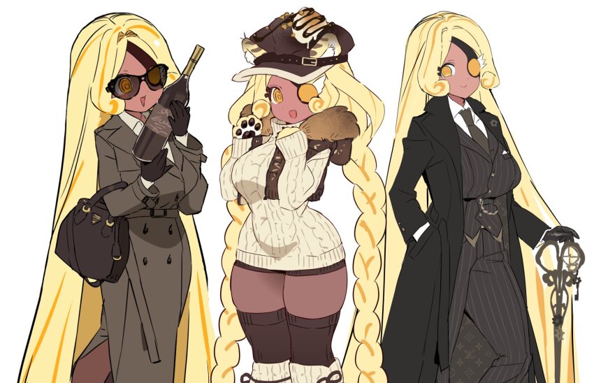 1girl :d @_@ alternate_costume animal_hands aran_sweater bag black-framed_eyewear black_bag black_coat black_gloves black_hat black_necktie black_pants black_ribbon black_thighhighs black_vest blonde_hair bottle braid breasts brown_pantyhose buttons cable_knit cane chocolate_syrup closed_mouth coat collared_coat collared_shirt commentary_request cookie_run cookie_run:_ovenbreak crossdressing crossdressing_(ftm) curly_sidelocks curvy dark-skinned_female dark_skin double-breasted dress elbow_carry eyepatch feet_out_of_frame food gloves grey_dress hair_intakes handbag hands_up hat hat_belt highres holding holding_bottle holding_cane kneehighs korean_commentary large_breasts layered_sleeves long_hair long_sleeves looking_at_object looking_at_viewer loose_socks low_twin_braids multicolored_hair multiple_views necktie ohta_guk_hip one_eye_covered open_clothes open_coat open_mouth orange_eyes orange_hair pants pantyhose parted_bangs pinstripe_pants pinstripe_pattern pinstripe_vest ribbon ribbon-trimmed_socks ribbon_trim shirt side_slit simple_background smile socks socks_over_thighhighs standing straight_hair streaked_hair sunglasses sweater thighhighs thighhighs_over_pantyhose timekeeper_cookie turtleneck turtleneck_sweater twin_braids two-tone_hair very_long_hair vest white_background white_shirt white_socks white_sweater