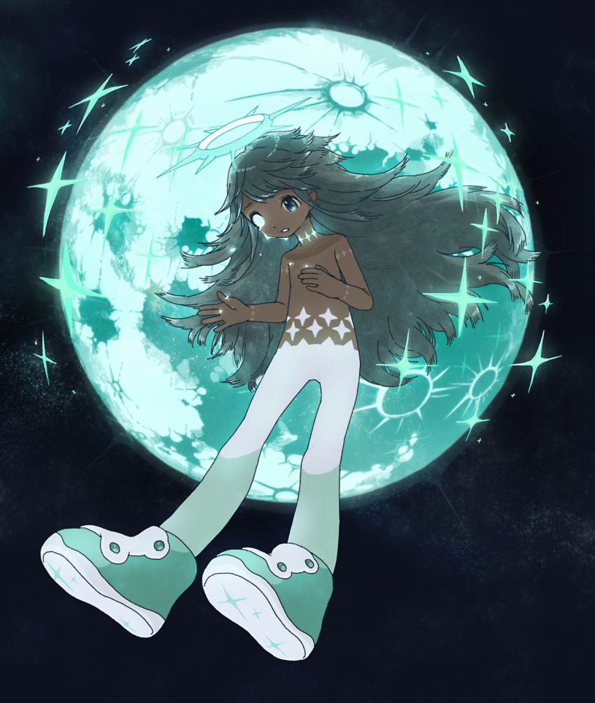 1other androgynous angel ao_fujimori aqua_halo blue_background blue_eyes choker crying dark_skin from_below galaxy green_shoes halo heterochromia highres long_hair mascot messy_hair mili_(band) official_art original planet shoes solo sparkle stitched_arm stitched_neck stitches tears teeth topless_other white_eyes