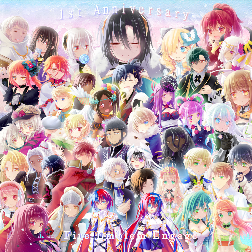 absurdres alear_(female)_(fire_emblem) alear_(male)_(fire_emblem) amber_(fire_emblem) anniversary annotation_request armor bare_shoulders beard black_bow black_bowtie black_hair blonde_hair blue_eyes blue_hair book bow bowtie breasts brown_hair butterfly_hair_ornament candy celine_(fire_emblem) character_request clanne_(fire_emblem) cleavage closed_eyes closed_mouth copyright_name crop_top cropped_shirt crown dated dress etie_(fire_emblem) facial_hair fire_emblem fire_emblem_engage food framme_(fire_emblem) full_armor gem gloves green_bow green_eyes green_hair green_shirt green_skirt grey_armor grey_hair hair_between_eyes hair_bow hair_ornament hair_over_one_eye hat hat_bow heterochromia high_ponytail highres holding holding_book holding_candy holding_food holding_lollipop hortensia_(fire_emblem) jade_(fire_emblem) lollipop long_hair medium_breasts midriff monocle multicolored_hair multiple_boys multiple_girls mustache navel nintendo one_eye_closed open_mouth orange_gemstone orange_hair pandreo_(fire_emblem) pink_hair plate_armor ponytail purple_eyes purple_hair rafal_(fire_emblem) red_eyes red_hair sasaki_fumi shield shirt skirt small_breasts smile swept_bangs tiara timerra_(fire_emblem) very_long_hair visor_(armor) white_hair yellow_eyes yunaka_(fire_emblem)