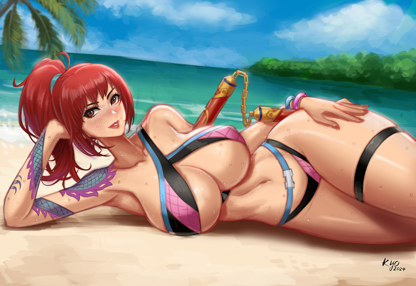 1girl armpits beach bikini blush breasts cleavage curvy female_focus hand_on_own_hip killer_instinct kim_wu kyopink large_breasts long_hair lying matching_hair/eyes navel nunchaku on_side ponytail red_eyes red_hair solo sweat swimsuit tattoo thick_thighs thigh_strap thighs underboob weapon wide_hips