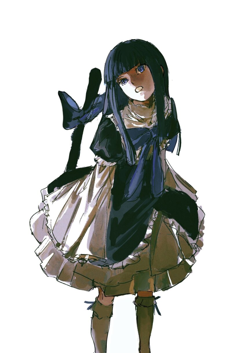1girl ashashio black_dress blue_bow blue_bowtie blue_eyes blue_hair blunt_bangs blunt_ends blunt_sidelocks bow bowtie cat_tail dress feet_out_of_frame frederica_bernkastel frilled_dress frills gothic_lolita highres kneehighs lolita_fashion long_sidelocks looking_at_viewer open_mouth partially_shaded_face petticoat puffy_sleeves sidelocks sleeves_past_fingers sleeves_past_wrists socks solo tail tail_bow tail_ornament umineko_no_naku_koro_ni white_socks wide_sleeves