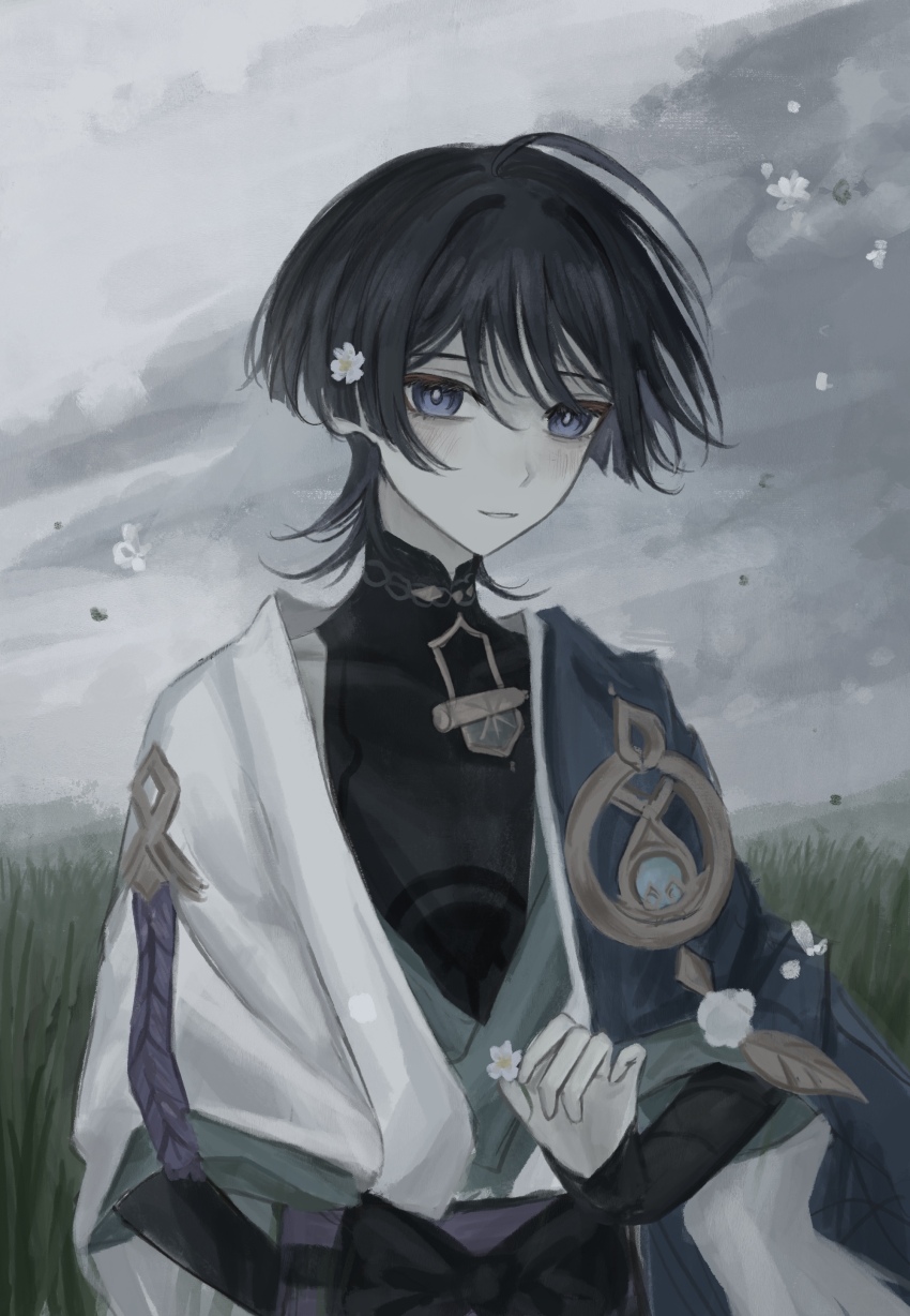 1boy absurdres aqua_kimono aqua_sleeves arm_behind_back belt black_belt black_bodysuit black_bow black_bridal_gauntlets blue_cape blue_gemstone blunt_ends blush bodysuit bow bridal_gauntlets cape colored_inner_hair covered_collarbone curled_fingers eyelashes eyeliner eyeshadow falling_flower feathers flower gem genshin_impact gold hair_flower hair_ornament han&#039;eri highres holding holding_flower japanese_clothes kimono layered_kimono layered_sleeves looking_at_viewer makeup male_focus mandarin_collar multicolored_hair open_clothes open_kimono overcast pale_skin pom_pom_(clothes) purple_eyes purple_hair purple_rope purple_sash red_eyeliner red_eyeshadow rope sash scaramouche_(genshin_impact) short_sleeves shoulder_peek sky solo upper_body wanderer_(genshin_impact) white_flower white_kimono white_sleeves wispy_bangs yellow_feathers yoruli_e