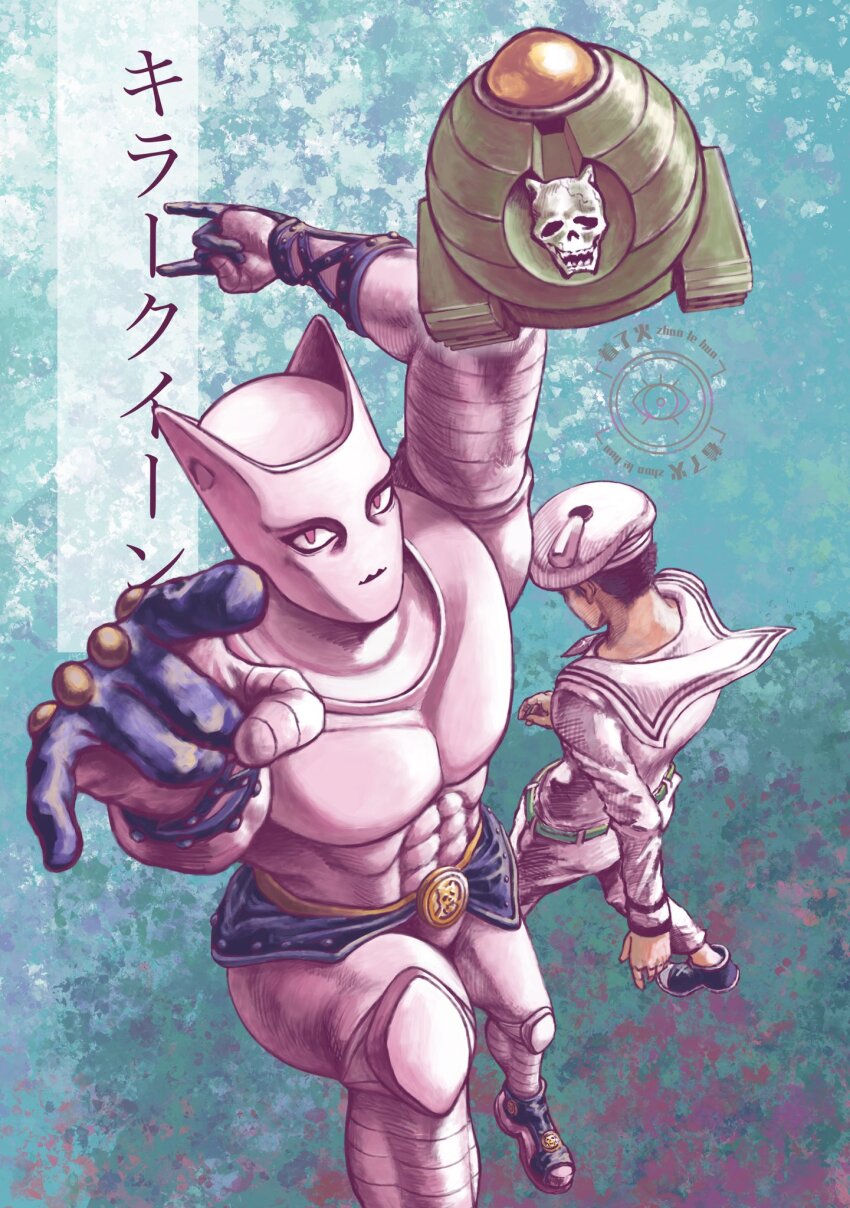 1boy 2others animal_ears belt black_boots black_gloves black_hair black_skirt boots cat_ears colored_skin from_behind gloves green_belt hat highres jojo_no_kimyou_na_bouken jojolion killer_queen kira_yoshikage_(jojolion) mammonmoney miniskirt multiple_others pants pink_eyes pink_hat pink_pants pink_sailor_collar pink_shirt pink_skin sailor_collar sheer_heart_attack shirt skirt split_ends stand_(jojo)