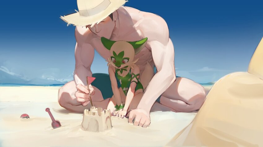 1boy 1girl beach breasts cleavage day flag furry furry_female green_one-piece_swimsuit hat indian_style kneeling nintendo ocean one-piece_swimsuit outdoors poke_ball pokemon red_eyes sand sand_castle sand_sculpture shovel sitting size_difference small_breasts smewed sprigatito straw_hat swimsuit white_fur