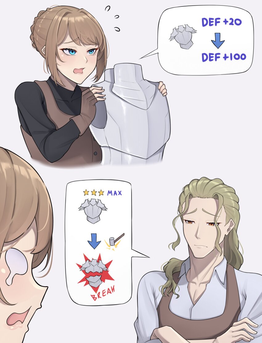 1boy 1girl absurdres armor band-width blue_eyes braid breastplate brown_gloves brown_hair collarbone crossed_arms english_text fingerless_gloves gloves hammer highres open_mouth orange_eyes original sidelocks speech_bubble sweatdrop