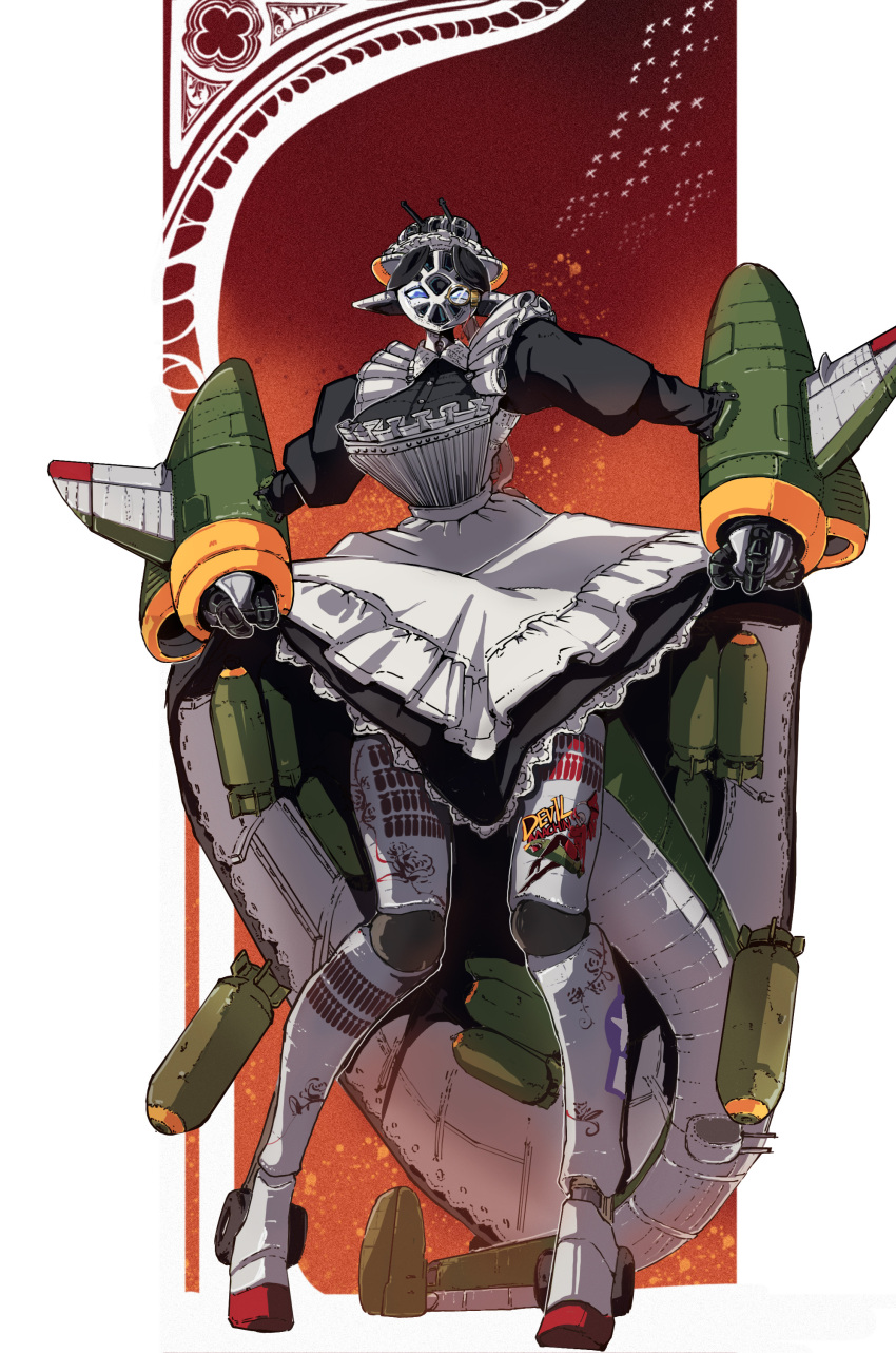 absurdres aircraft airplane anti-aircraft anti-aircraft_gun apron armor black_dress blue_eyes bomb bomber clothes_lift dress dress_lift explosive flower_tattoo full_body green_armor highres humanoid_robot joints leg_tattoo maid maid_apron maid_headdress mechanical_tail mechanization military_vehicle monocle no_mouth nose_art original personification robot robot_girl robot_joints san-ban_senji_cha_gubigubi tail tattoo v_formation wheel white_apron yellow_trim