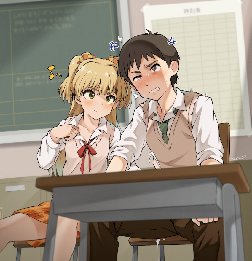 1boy 1girl blonde_hair blush bow censored chair chalkboard classroom cum desk erection green_eyes hair_ornament handjob hetero highres idolmaster idolmaster_cinderella_girls implied_handjob indoors jougasaki_rika kim_da-yoon kodomo_doushi loli pants penis projectile_cum school_chair school_desk school_uniform short_hair shota sitting skirt smile stealth_handjob stealth_sex sweat two_side_up yellow_eyes