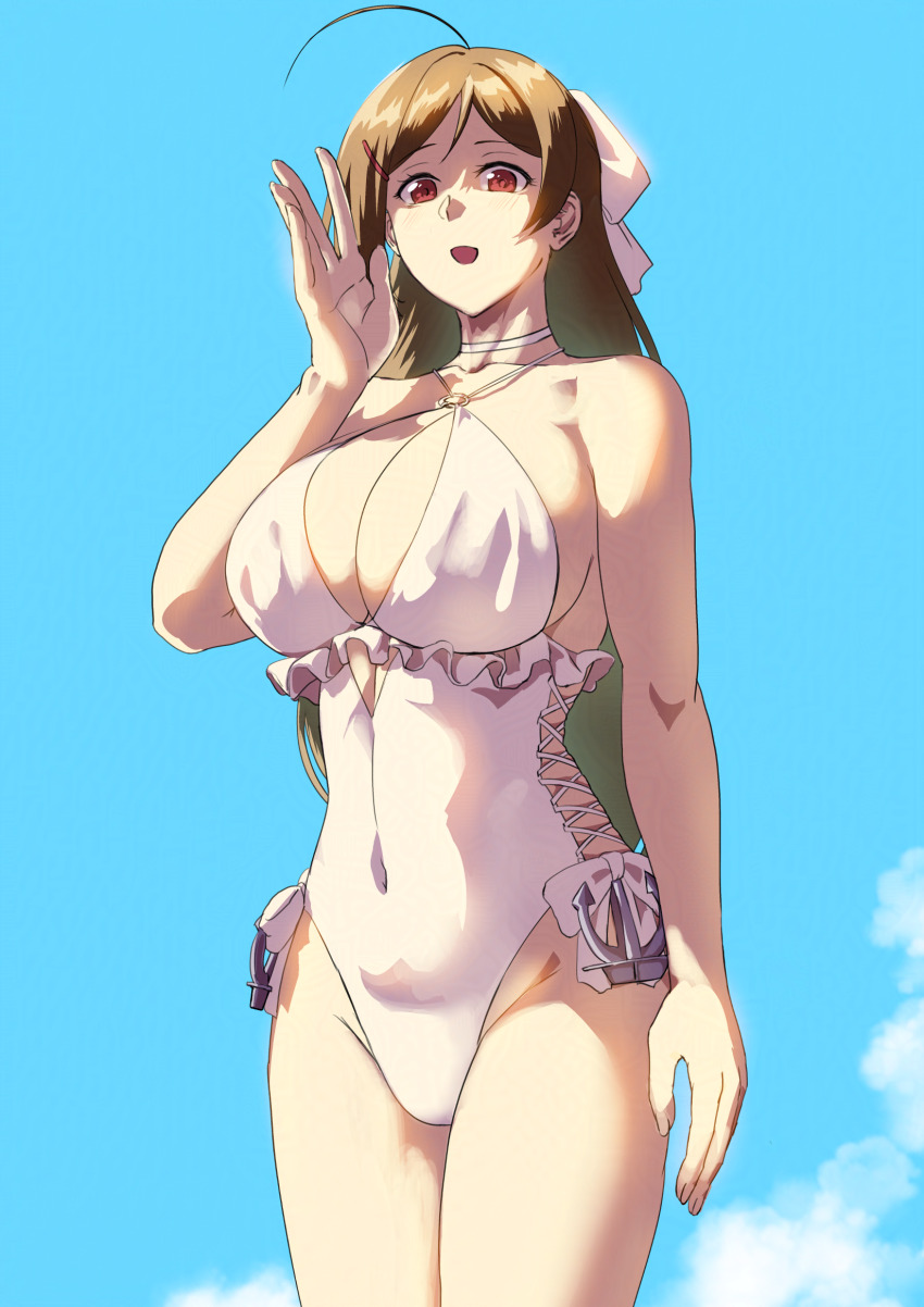 1girl ahoge blue_sky breasts brown_hair casual_one-piece_swimsuit choker cosplay covered_navel cross-laced_clothes cross-laced_one-piece_swimsuit day frilled_one-piece_swimsuit frills hair_ornament hair_ribbon hairclip highleg highleg_one-piece_swimsuit highres kantai_collection large_breasts long_hair mamiya_(kancolle) mrdotd o-ring o-ring_swimsuit one-piece_swimsuit ribbon sagiri_(kancolle) sagiri_(kancolle)_(cosplay) sagiri_(swimsuit)_(kancolle) side-tie_swimsuit sky solo standing swimsuit white_choker white_one-piece_swimsuit white_ribbon