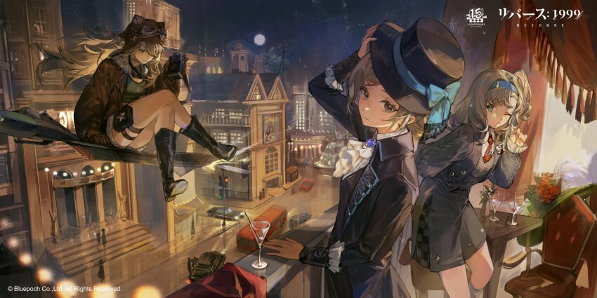 3girls ;) absurdres animal_ear_headwear ascot balcony black_boots black_coat black_hat blonde_hair blue_bow blue_eyes boater_hat boots bow broom broom_riding brown_gloves brown_hat brown_jacket brown_shorts building bus car chain coat cocktail_glass collared_shirt copyright_name copyright_notice crossed_legs cup drinking_glass fake_animal_ears feet_out_of_frame floating_hair fountain freckles full_body full_moon gloves goggles goggles_on_headwear green_shirt grey_eyes grey_hair grey_shorts grey_sweater hand_on_headwear hand_on_railing hand_up hat hat_bow head_down highres holding_canteen jacket lilya_(reverse:1999) logo long_hair looking_at_viewer mask mask_around_neck matilda_bouanich mechanical_broom medium_hair moon motor_vehicle multiple_girls necktie night night_sky official_art one_eye_closed one_side_up oxygen_mask pouch red_necktie reverse:1999 road shirt short_hair shorts sidesaddle sky smile street sweater thigh_pouch traffic_light upper_body vertin_(reverse:1999) white_ascot white_shirt