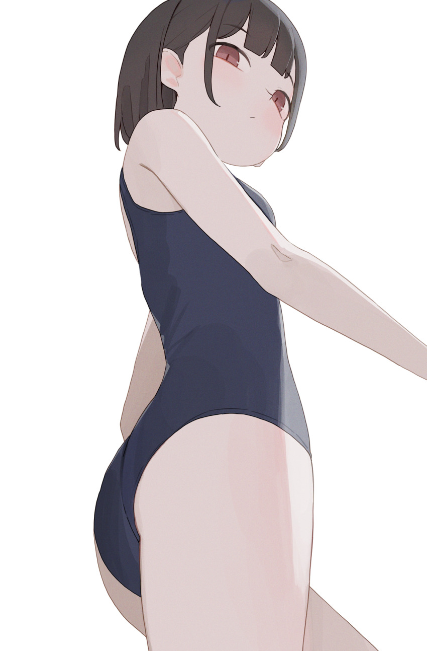 1girl ass blue_one-piece_swimsuit blue_school_swimsuit blush breasts brown_hair closed_mouth commentary highres hiroki_(yyqw7151) looking_at_viewer one-piece_swimsuit original red_eyes school_swimsuit short_hair simple_background small_breasts solo standing swimsuit thighs white_background
