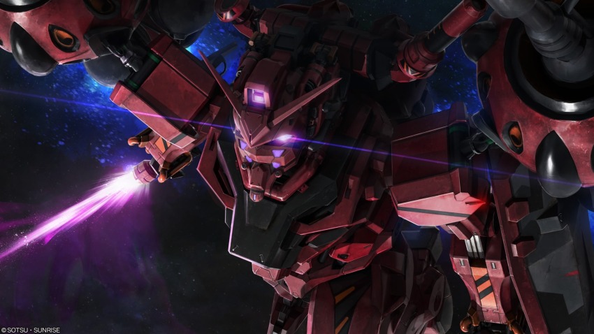 absurdres beam_cannon bit_(gundam) company_name copyright_notice energy energy_sword extra_eyes glowing glowing_eyes gundam gundam_battle_operation_2 gundam_gquuuuuux highres holding holding_sword holding_weapon lens_flare machinery mecha mecha_focus mobile_suit nebula no_humans official_art painting_(medium) purple_eyes realistic red_gundam robot scan science_fiction solo space star_(sky) sunrise_(company) sword tenjin_hidetaka thrusters traditional_media v-fin weapon zeon zero_gravity