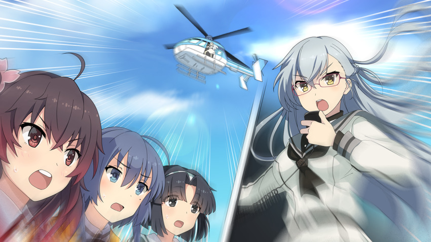 4girls :d ahoge aircraft asakura_mihono ayanokouji_martial_arts_school_uniform black_hair black_neckerchief blue_eyes blue_hair blue_sky blurry brown_hair day depth_of_field emphasis_lines floating_hair game_cg grey_hair grey_sailor_collar hair_between_eyes heijou_institute_school_uniform helicopter holding kitora_mirja long_hair long_sleeves looking_at_viewer minoseki_gakuin_uniform mole mole_under_eye multiple_girls musumi_kiyoka neckerchief non-web_source open_mouth osafune_girls_academy_school_uniform parted_bangs sailor_collar school_uniform setouchi_chie shirt short_hair sidelocks sky sleeve_cuffs smile sweat teeth toji_no_miko toji_no_miko:_kizamishi_issen_no_tomoshibi two_side_up upper_teeth_only white_shirt yellow_eyes