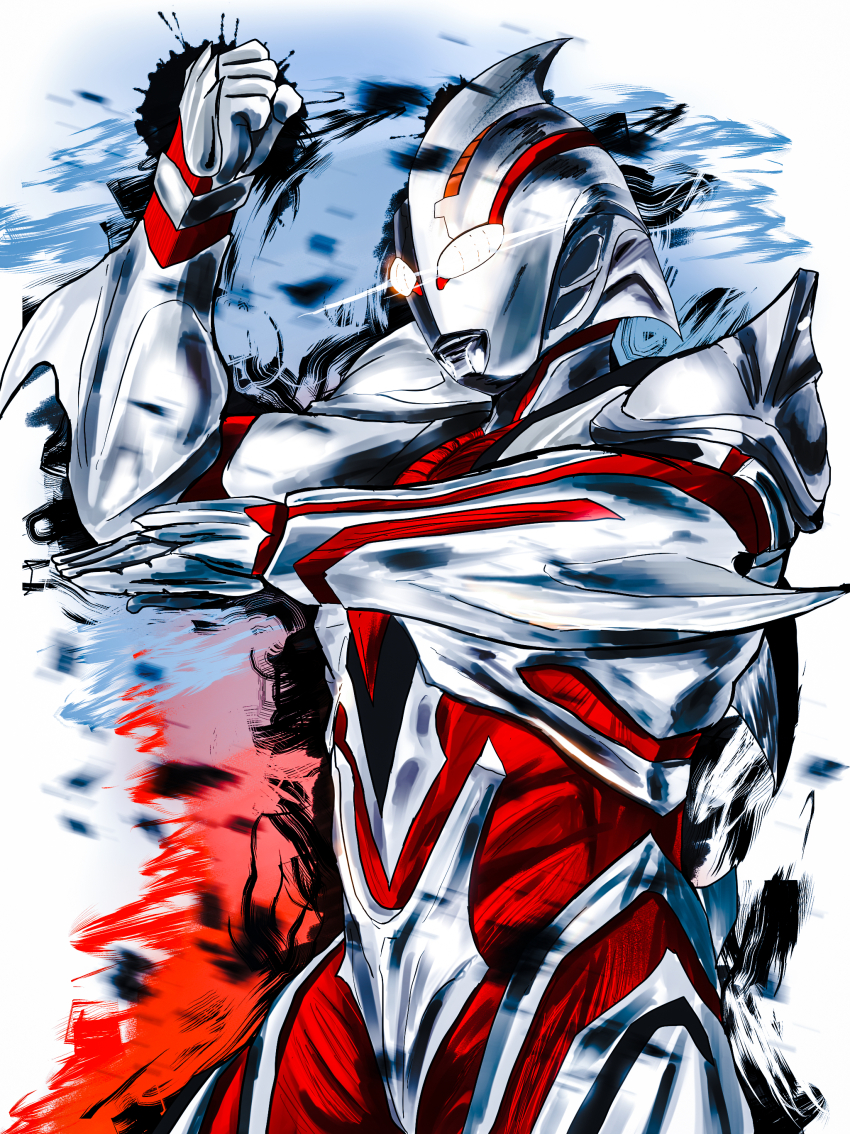 1boy absurdres alien armor aura elbow_blade elbow_spikes fighting_stance giant glowing glowing_eyes highres no_humans no_pupils seijin simple_background superhero_costume tsuburaya_productions ultra_series ultraman:_the_next ultraman_the_next white_background white_eyes xaaaci