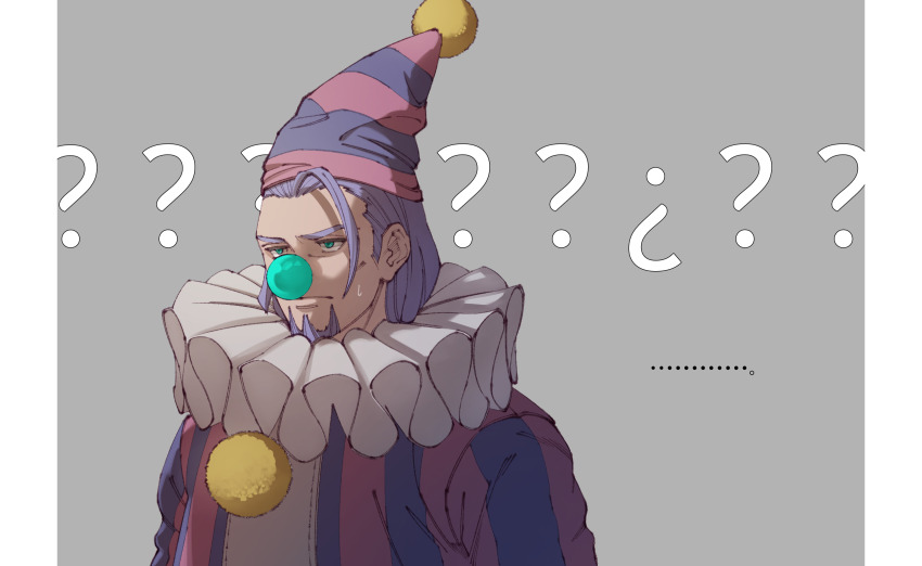 ... 1boy ? ?? absurdres aqua_eyes border clown clown_nose commentary_request dragon_quest dragon_quest_xi embarrassed facial_hair greig_(dq11) grey_background hat highres jklo932 jumpsuit long_hair male_focus official_alternate_costume pink_hat pink_jumpsuit purple_facial_hair purple_hair purple_hat purple_jumpsuit single_bang solo striped_hat striped_jumpsuit sweatdrop unamused upper_body white_border