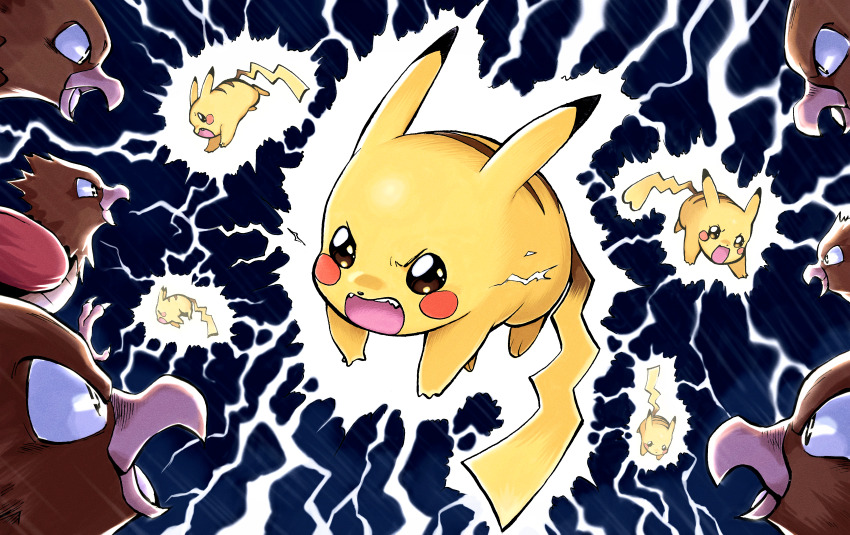 absurdres angry bird brown_eyes commentary electricity gen_1_pokemon highres night nintendo no_humans open_mouth outdoors pikachu pokemon pokemon_(creature) pokemon_focus seb spearow teeth upper_teeth_only