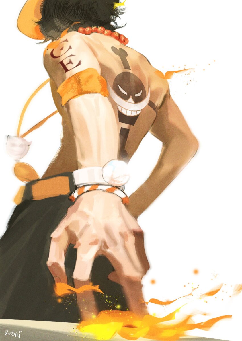 1boy arm_tattoo back back_tattoo belt black_hair black_shorts bracelet commentary elbow_pads english_commentary fire highres jewelry jolly_roger log_pose male_focus necklace oh_no_nori one_piece orange_belt pearl_necklace portgas_d._ace short_hair shorts signature simple_background single_elbow_pad solo tattoo topless_male white_background whitebeard_pirates_jolly_roger