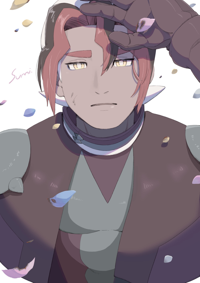 1boy absurdres arm_up bright_pupils brown_gloves commentary_request dirty dirty_face falling_petals gloves hair_between_eyes highres looking_at_viewer male_focus multicolored_hair nintendo open_mouth petals pokemon pokemon_(anime) pokemon_horizons sidian_(pokemon) signature solo uminosumi_dai upper_body white_background white_pupils yellow_eyes