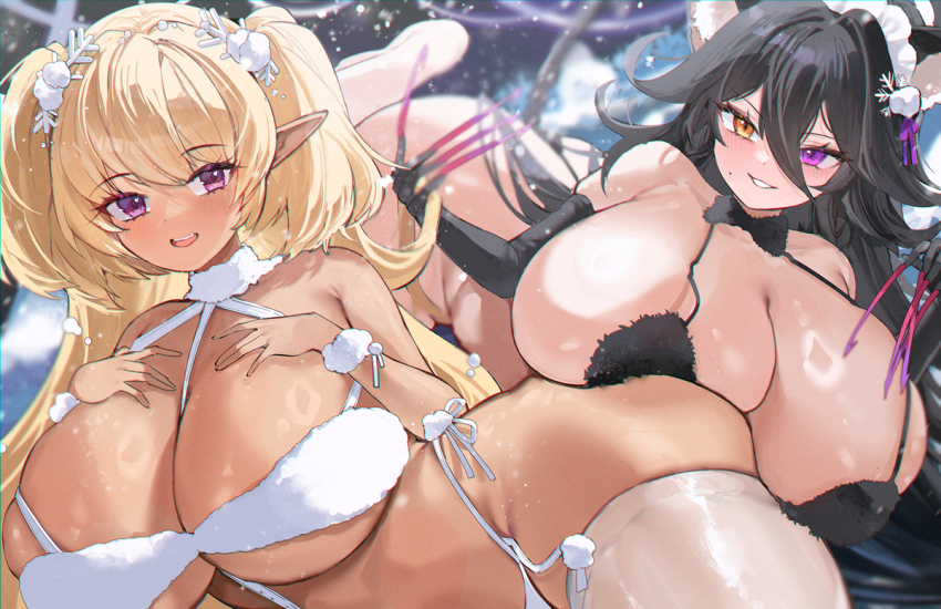 2girls animal_ears black_gloves black_hair blonde_hair blush bra breast_suppress breasts cat cat_ears cat_girl cat_tail dark_elf dark_elven_forest_ranger dark_skin elbow_gloves elf female_focus fingernails gloves gurami_(zangizarang) heterochromia huge_breasts last_origin lingerie long_fingernails long_hair looking_at_viewer lying mol mole mole_on_cheek multiple_girls on_side open_mouth orange_eyes panties parted_lips pink_eyes poi_(last_origin) pointy_ears smile snowing tail teeth thighhighs underwear upper_teeth_only white_bra white_panties white_thighhighs