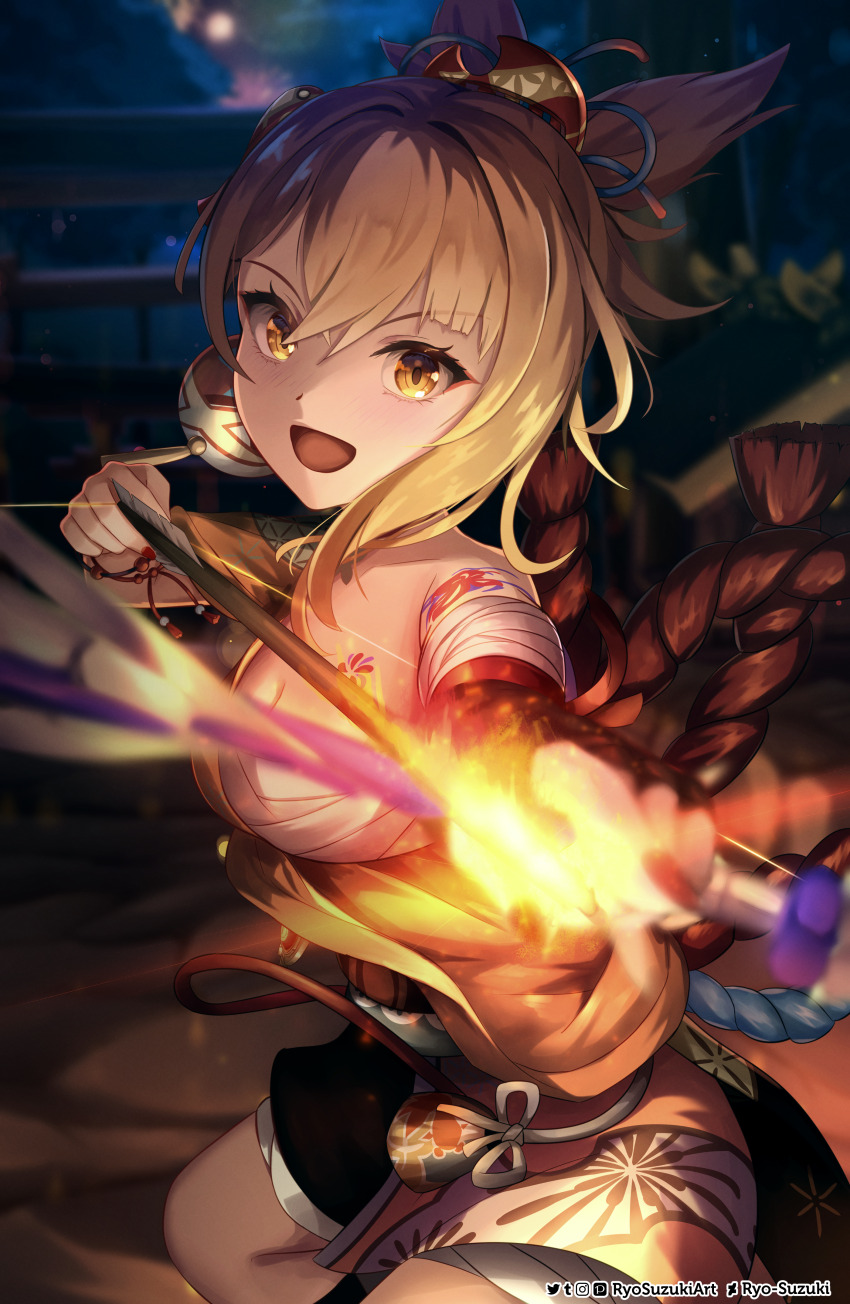 1girl absurdres aiming aiming_at_viewer arm_tattoo arrow_(projectile) artist_name bandaged_arm bandaged_leg bandages black_gloves blush bow_(weapon) bracelet breasts chest_tattoo commentary fingerless_gloves fire genshin_impact gloves hadanugi_dousa hair_ornament highres holding holding_bow_(weapon) holding_weapon japanese_clothes jewelry kimono kneeling looking_at_viewer medium_breasts open_kimono open_mouth orange_kimono ponytail ryo-suzuki sarashi short_kimono single_fingerless_glove smile solo tattoo thundering_pulse_(genshin_impact) weapon yoimiya_(genshin_impact)