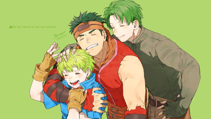 3boys 91007 artist_name belt blue_shirt boyd_(fire_emblem) brothers brown_belt brown_gloves closed_eyes closed_mouth commentary_request fingerless_gloves fire_emblem fire_emblem:_path_of_radiance gloves green_background green_hair grin hand_on_another&#039;s_head hand_on_own_hip hand_up headband height_difference highres male_focus multiple_boys nintendo open_mouth orange_headband oscar_(fire_emblem) red_shirt rolf_(fire_emblem) shirt short_hair short_sleeves siblings signature simple_background sleeveless sleeveless_shirt smile twitter_username upper_body watermark