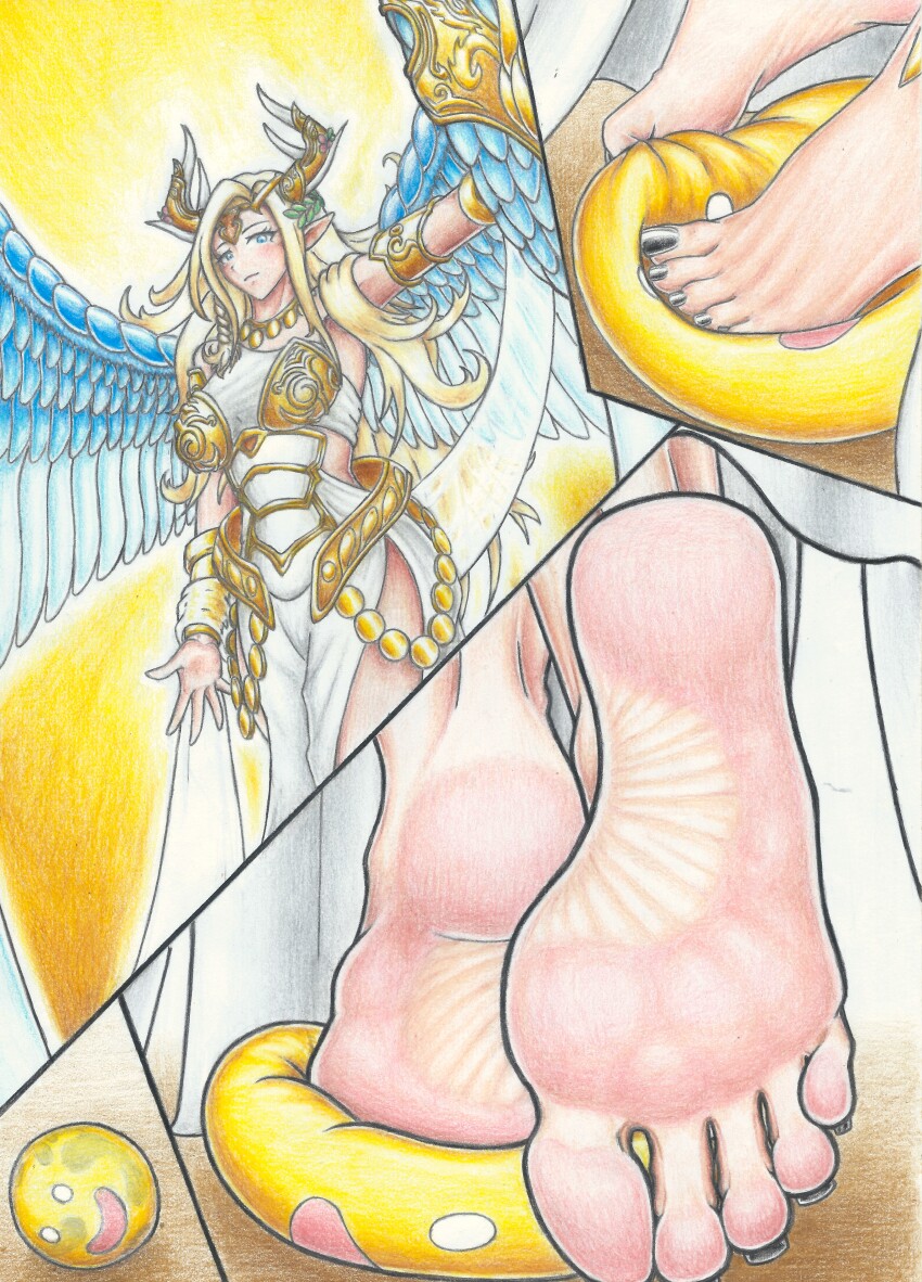 absurdres armlet barefoot blonde_hair blue_eyes dragon_girl dragon_horns feathered_wings feet foot_focus gold_armlet highres horn_ornament horns jewelry no_shoes non-web_source saffira_dragon_queen_of_the_voiceless_voice soles squishing stepped_on toes trampling wings yu-gi-oh! yu-gi-oh!_duel_monsters