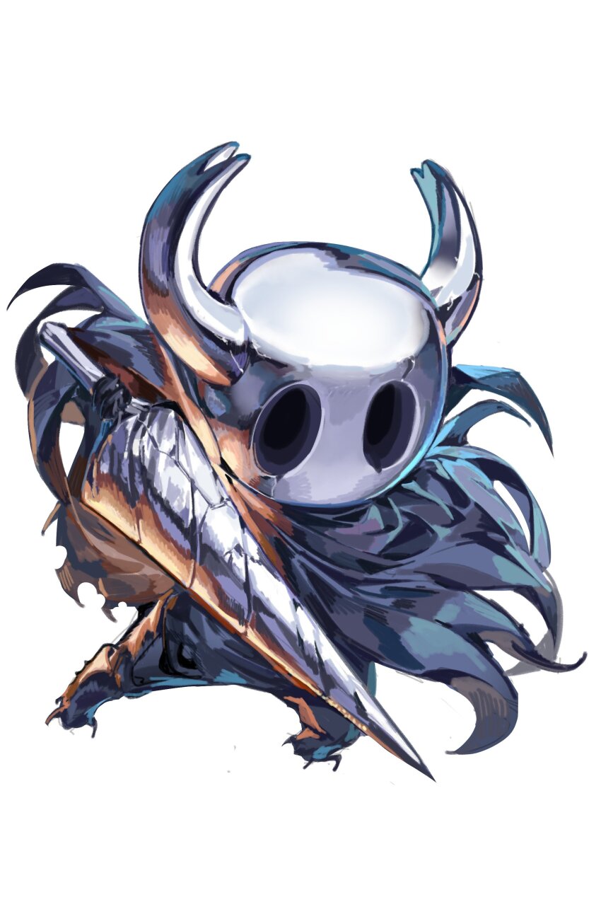 1other absurdres cracked_mask full_body grey_cloak highres hollow_eyes hollow_knight horned_mask knight_(hollow_knight) mask nail_(hollow_knight) nameno92372763 simple_background solo white_background