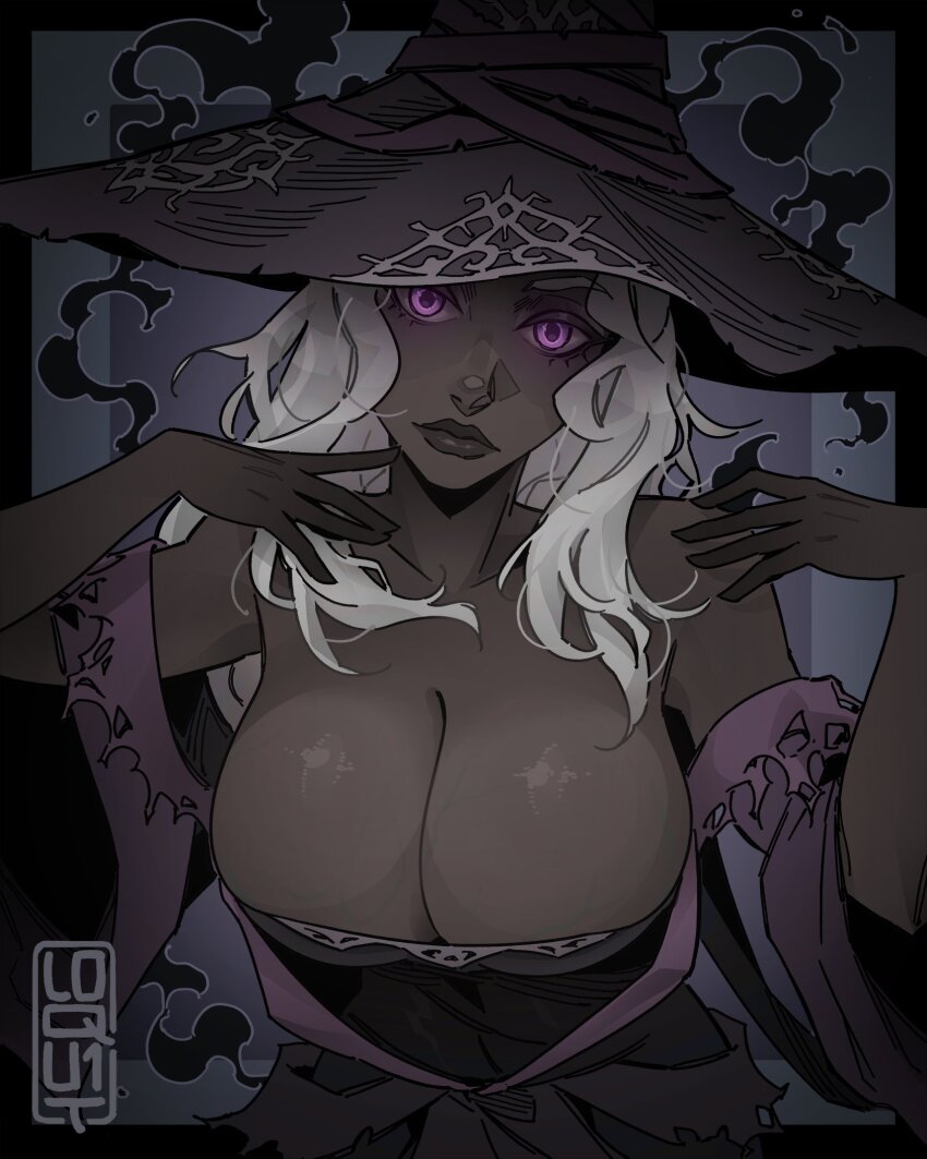 1girl artist_logo bare_shoulders black_border black_dress black_skin border breasts cleavage collarbone colored_skin dress elden_ring elden_ring_nightreign facing_viewer hands_up hat highres large_breasts logo looking_at_viewer loqu1t purple_eyes purple_sleeves recluse_(elden_ring) smoke smoke_trail solo upper_body white_hair witch witch_hat