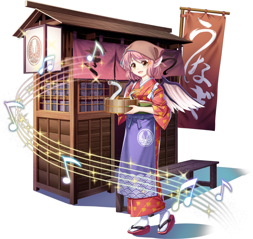 1girl alternate_costume animal_ears apron beamed_eighth_notes bird_ears bird_wings borrowed_design brown_eyes brown_headscarf eighth_note feathered_wings fingernails fish food_stand game_cg green_nails headscarf highres japanese_clothes kimono lamprey long_fingernails long_sleeves looking_at_viewer medium_hair musical_note musical_staff mystia_lorelei mystia_lorelei_(lamprey_stand_chef) noren obi official_art okamisty okobo open_mouth pink_hair platform_sandals purple_apron red_kimono rotte_(1109) sand sandals sash scarf_on_head seigaiha smile socks solo tabi tasuki third-party_source touhou touhou_lostword translation_request transparent_background white_socks white_wings wide_sleeves wings yatai