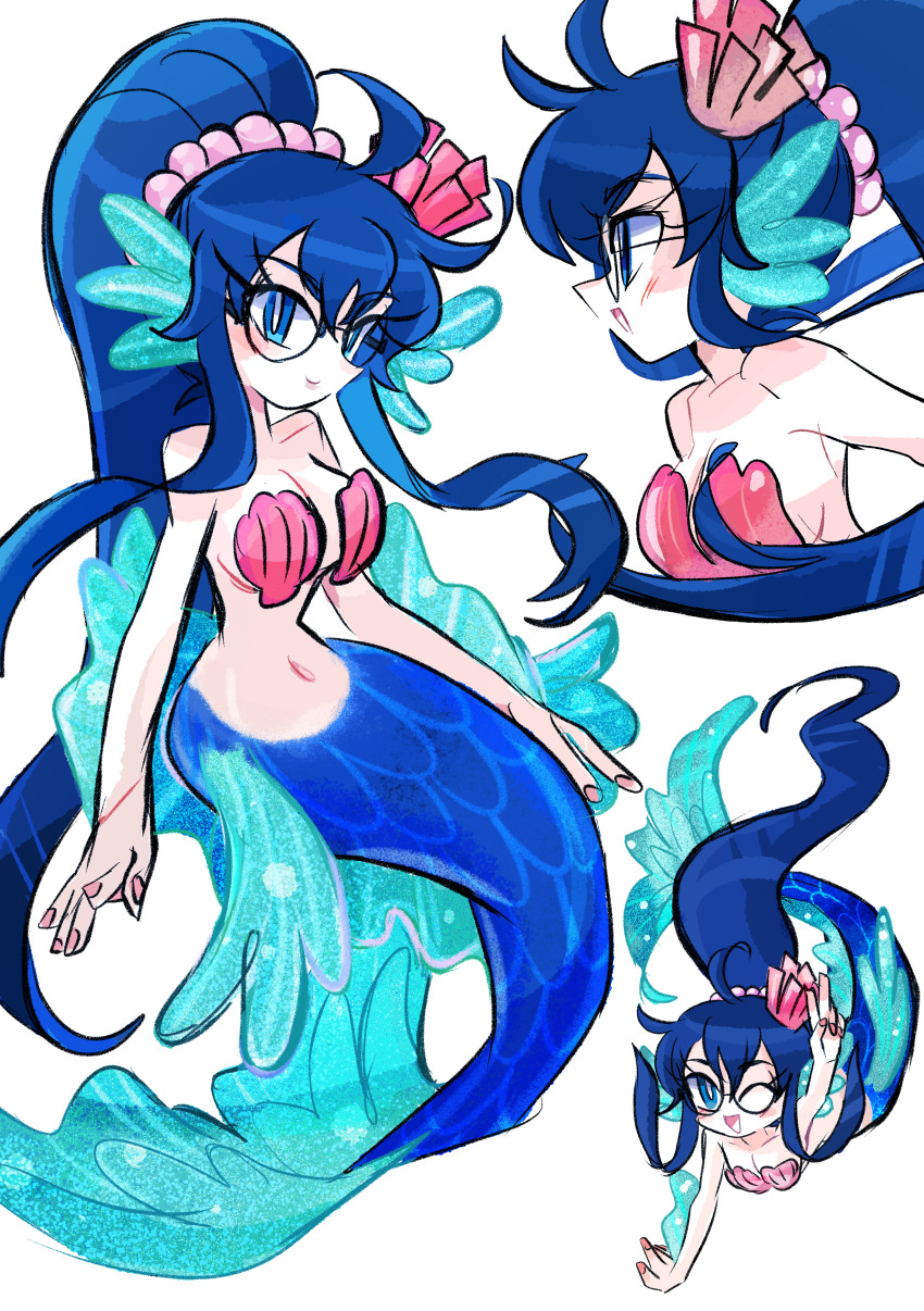 1girl ;d absurdres blue_eyes blue_hair blush breasts bright_pupils closed_mouth commentary_request commission from_side fuuko_(kazeoceantide) glasses highres long_eyelashes long_hair mermaid monster_girl multiple_views navel one_eye_closed open_mouth original outline pixiv_commission ponytail rakugaki_shitagari-ya shell shell_bikini sidelocks smile stomach transparent_background v very_long_hair white_pupils