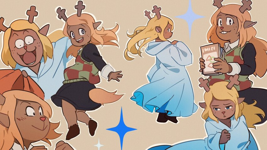 1girl :&gt; :3 animal_ears antlers barefoot black_eyes black_skirt blonde_hair blue_eyes blush book buck_teeth checkered_clothes checkered_sweater_vest checkered_vest clenched_teeth deer_antlers deer_ears deer_girl deer_tail deltarune eyelashes floating_hair freckles furry furry_female hand_on_own_chest highres holding holding_book hooded_robe hooves horns long_hair long_sleeves looking_at_viewer multiple_views noelle_holiday noelle_holiday_(dark_world) red_nose reindeer_girl robe sideways_glance skirt smile solo tail teeth two-tone_sweater_vest uri_(365mimimi) vest wavy_hair white_robe wide-eyed