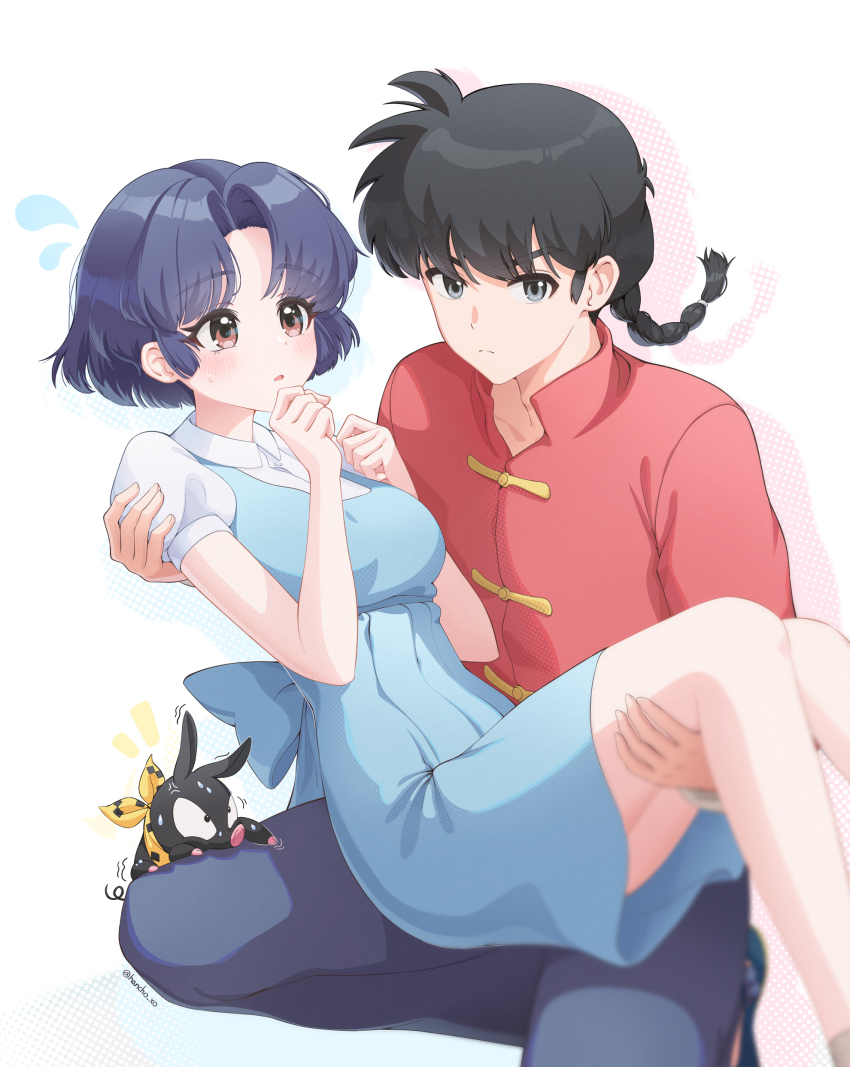 1boy 1girl absurdres anger_vein bandana black_hair blue_dress blue_eyes blue_pants braid braided_ponytail breasts brown_eyes carrying chinese_clothes closed_mouth collared_shirt commentary_request dress feet_out_of_frame flying_sweatdrops frown fuurinkan_high_school_uniform hancho hands_up hetero highres light_blush long_hair looking_at_another looking_at_viewer medium_breasts p-chan pants parted_lips piglet pinafore_dress princess_carry ranma_1/2 red_shirt saotome_ranma school_uniform shirt short_hair short_sleeves single_braid sitting sleeveless sleeveless_dress sweatdrop tangzhuang tendou_akane white_background white_shirt yellow_bandana