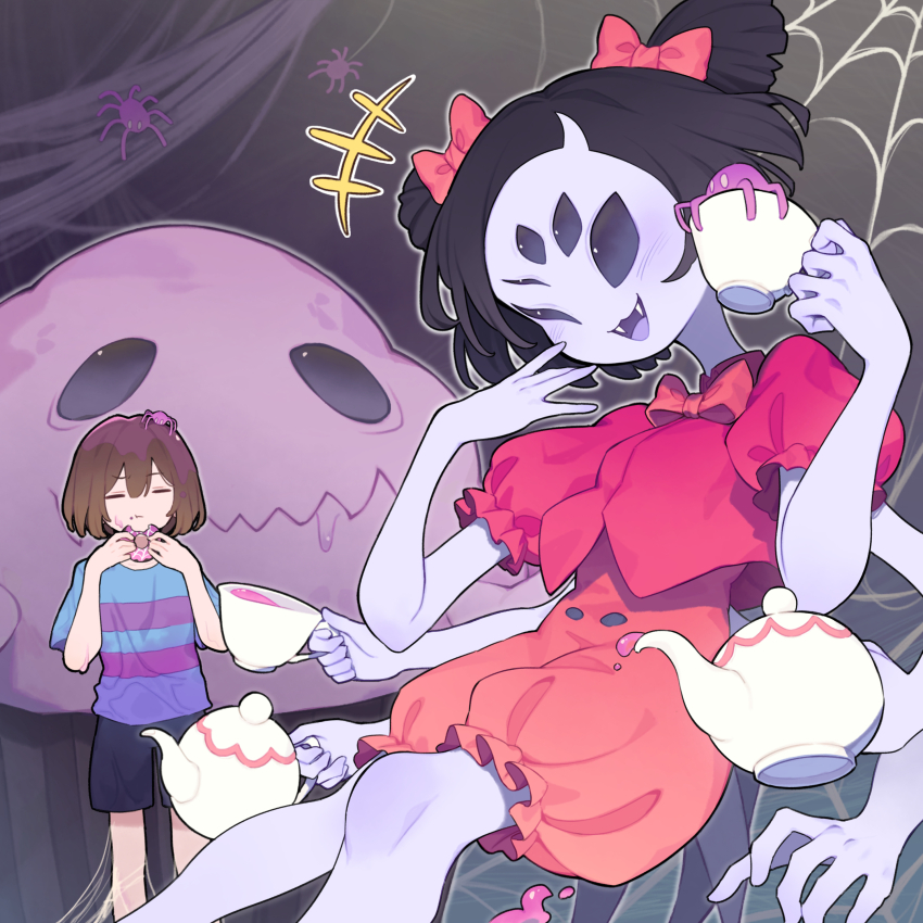 +++ 1girl 1other ;d absurdres arthropod_girl black_hair black_shorts blue_shirt bow brown_hair bug closed_eyes closed_mouth colored_skin commentary_request cup donut extra_arms fangs food frisk_(undertale) garasuno hair_bow highres holding holding_cup holding_donut holding_food holding_teapot insect_girl muffet one_eye_closed open_mouth purple_skin red_bow red_shirt romper shirt short_hair short_sleeves shorts silk smile spider spider_girl spider_web striped_clothes striped_shirt teapot undertale