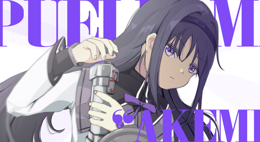 1girl akemi_homura akemi_homura_(magical_girl) black_capelet black_hair black_hairband bomb bow bowtie capelet character_name closed_mouth collared_capelet commentary copyright_name determined dress english_commentary explosive eyelashes fingernails hairband high_collar highres holding holding_bomb layered_sleeves light_frown long_hair long_sleeves looking_at_viewer magical_girl mahou_shoujo_madoka_magica mahou_shoujo_madoka_magica_(anime) parody pipe_bomb purple_bow purple_bowtie purple_capelet purple_eyes schuschuschultz shield sidelocks solo studded_hairband two-tone_capelet upper_body very_long_hair white_background white_dress zenless_zone_zero