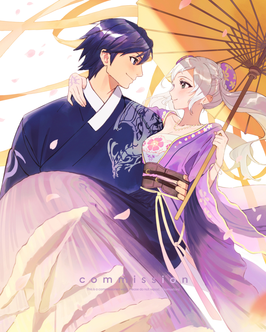 1boy 1girl black_eyes blue_eyes blue_hair blue_hanfu breasts bun_cover carrying chinese_clothes chrom_(fire_emblem) cleavage commentary couple double_bun english_commentary female_robin_(fire_emblem) fire_emblem fire_emblem_awakening hair_bun hanfu hetero highres holding holding_umbrella jewelry long_hair looking_at_another ma male_focus necklace nintendo oil-paper_umbrella pearl_necklace princess_carry purple_hanfu simple_background sumustard twintails umbrella white_background white_hair