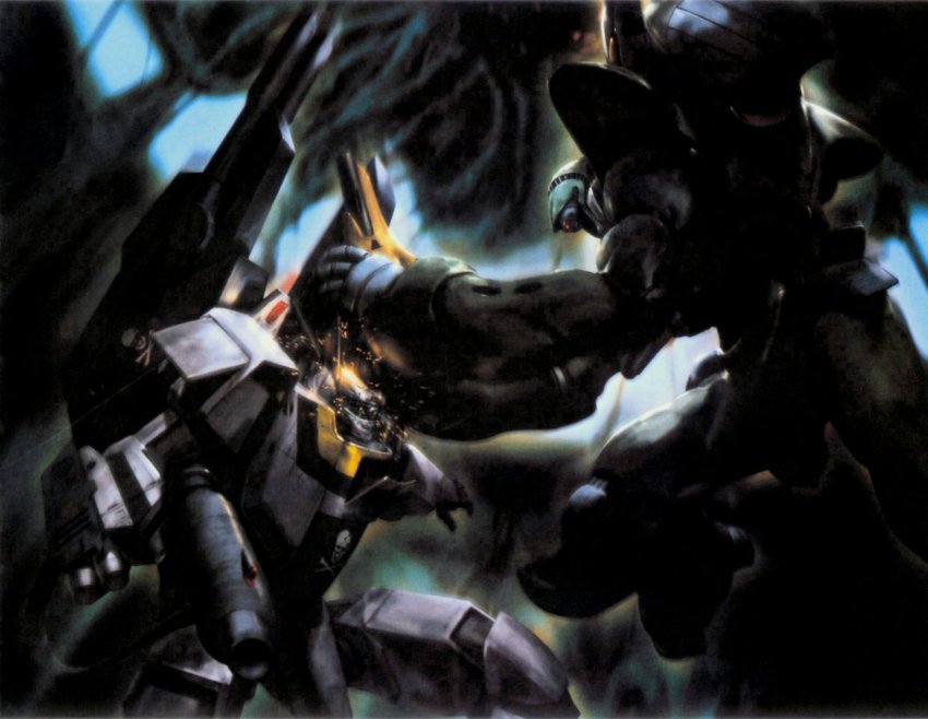 1980s_(style) alien armor battle cannon choujikuu_yousai_macross damaged epic flemenmik giant gun gunpod macross macross:_do_you_remember_love? mecha missile nousjadeul-ger official_art oldschool power_armor power_suit production_art punching quamzin_kravshera realistic retro_artstyle robot roy_focker scan skull_and_crossbones spacecraft spoilers vf-1 vf-1_strike vf-1s weapon zentradi
