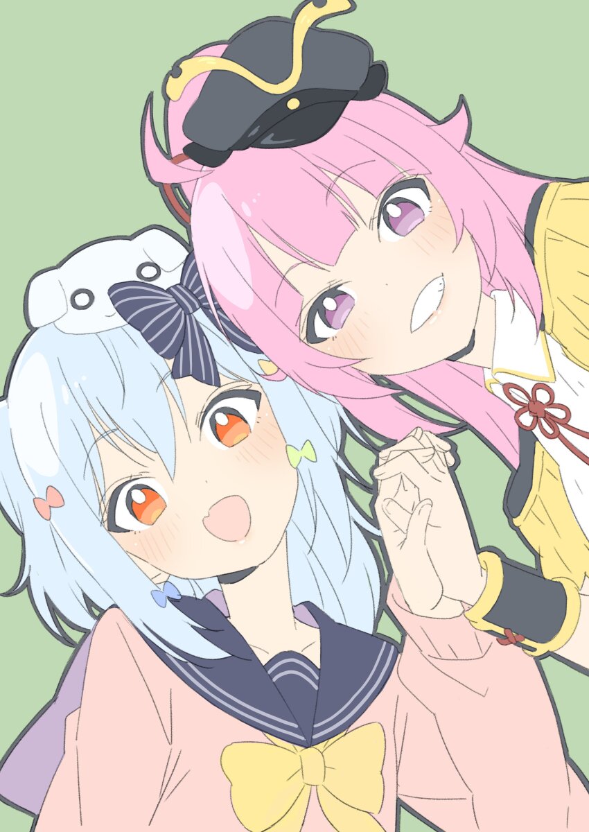 1boy 1girl absurdres aiguillette animal_ears black_hat black_outline blue_hair blush bow bowtie cardigan closed_eyes closed_mouth crossdressing dog_hair_ornament donguri_suzume dutch_angle epaulettes fang gradient_eyes green_bow green_eyes hair_between_eyes hair_bow hair_ornament hat highres holding_hands interlocked_fingers inuyama_tamaki inuyama_tamaki_(1st_costume) long_hair long_sleeves looking_at_viewer miniskirt mole multicolored_eyes noripro oda_nobuhime open_mouth outline pink_bow pink_cardigan pink_hair pinstripe_bow project_upd8 purple_eyes ribbon school_uniform serafuku simple_background skin_fang skirt smile striped_bow teeth thighhighs trap two_side_up upper_body virtual_youtuber white_skirt yellow_bow yellow_bowtie zettai_ryouiki