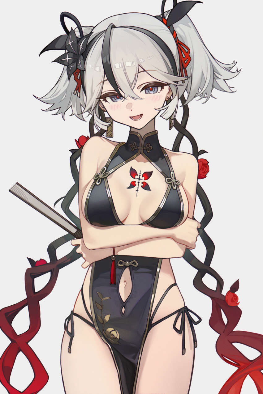 1girl alternate_costume arms_under_breasts bare_shoulders black_dress black_flower black_panties blake_bloom_(wuthering_waves) breasts camellya_(wuthering_waves) cleavage clothing_cutout commentary dress earrings flower folded_fan folding_fan gold_earrings grey_background grey_eyes grey_hair hair_between_eyes hair_flower hair_ornament hair_vines hand_fan highres holding holding_fan jewelry kurisu~tina looking_at_viewer medium_breasts multi-strapped_panties navel navel_cutout open_mouth panties red_pupils short_hair short_twintails side-tie_panties simple_background smile solo tacet_mark_(wuthering_waves) thighs twintails underwear wuthering_waves