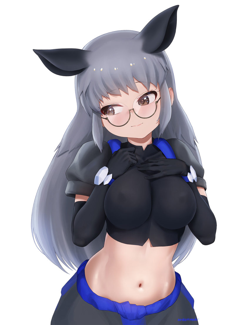 1girl animal_ears beleven black-framed_eyewear black_gloves black_rhinoceros_(kemono_friends) black_shirt blue_trim breasts brown_eyes commentary_request covered_erect_nipples cowboy_shot crop_top elbow_gloves glasses gloves grey_hair grey_pants grey_sleeves highres kemono_friends kemono_friends_3 large_breasts long_hair midriff navel official_alternate_costume pants puffy_short_sleeves puffy_sleeves rhinoceros_ears rhinoceros_girl semi-rimless_eyewear shirt short_sleeves sidelocks smile solo
