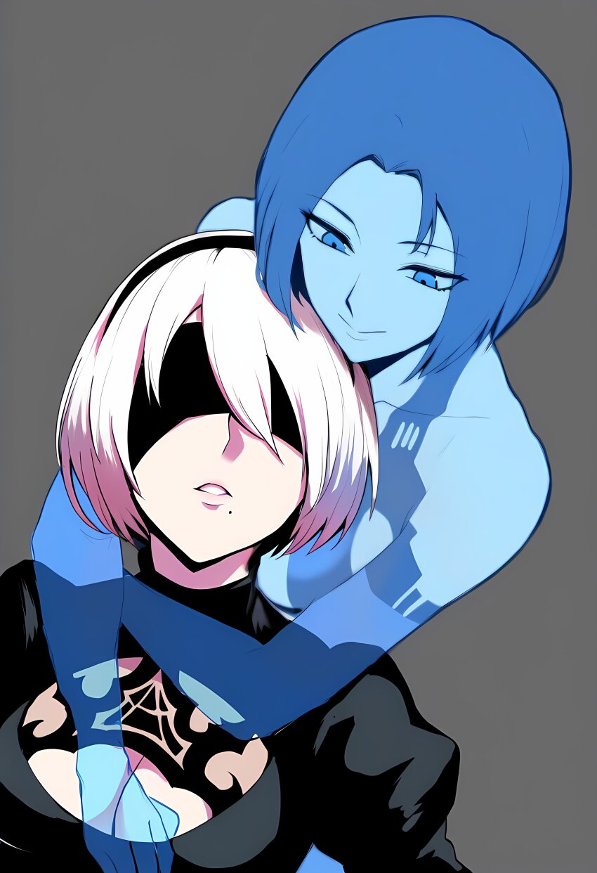 2b_(nier:automata) 2girls absurdres cortana depravedtsunami grey_background halo_(series) highres hug hug_from_behind multiple_girls nier:automata nier_(series) white_hair