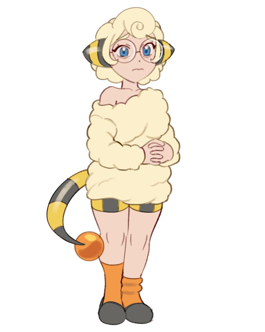 1girl absurdres bags_under_eyes black_footwear blonde_hair blue_eyes dot_nose fluffy frown full_body furrowed_brow gen_2_pokemon highres horns itslyssalala looking_at_viewer mareep nintendo orange_socks orb own_hands_together personification pokemon round_eyewear short_hair short_shorts shorts simple_background single_loose_sock single_off_shoulder socks solo standing striped_horns striped_tail sweater tail white_background wool yellow_shorts yellow_sweater