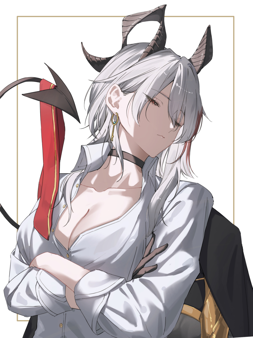 1girl black_choker black_gloves black_horns black_tail breasts choker cleavage closed_mouth collarbone collared_shirt commentary_request crossed_arms curled_horns demon_tail earrings glance gloves grey_hair half-closed_eyes highres horns jewelry key_earrings long_hair looking_at_viewer medium_breasts mole mole_under_eye necktie negse_38u red_eyes red_necktie shirt solo tail unworn_necktie upper_body white_shirt wuthering_waves zani_(wuthering_waves)