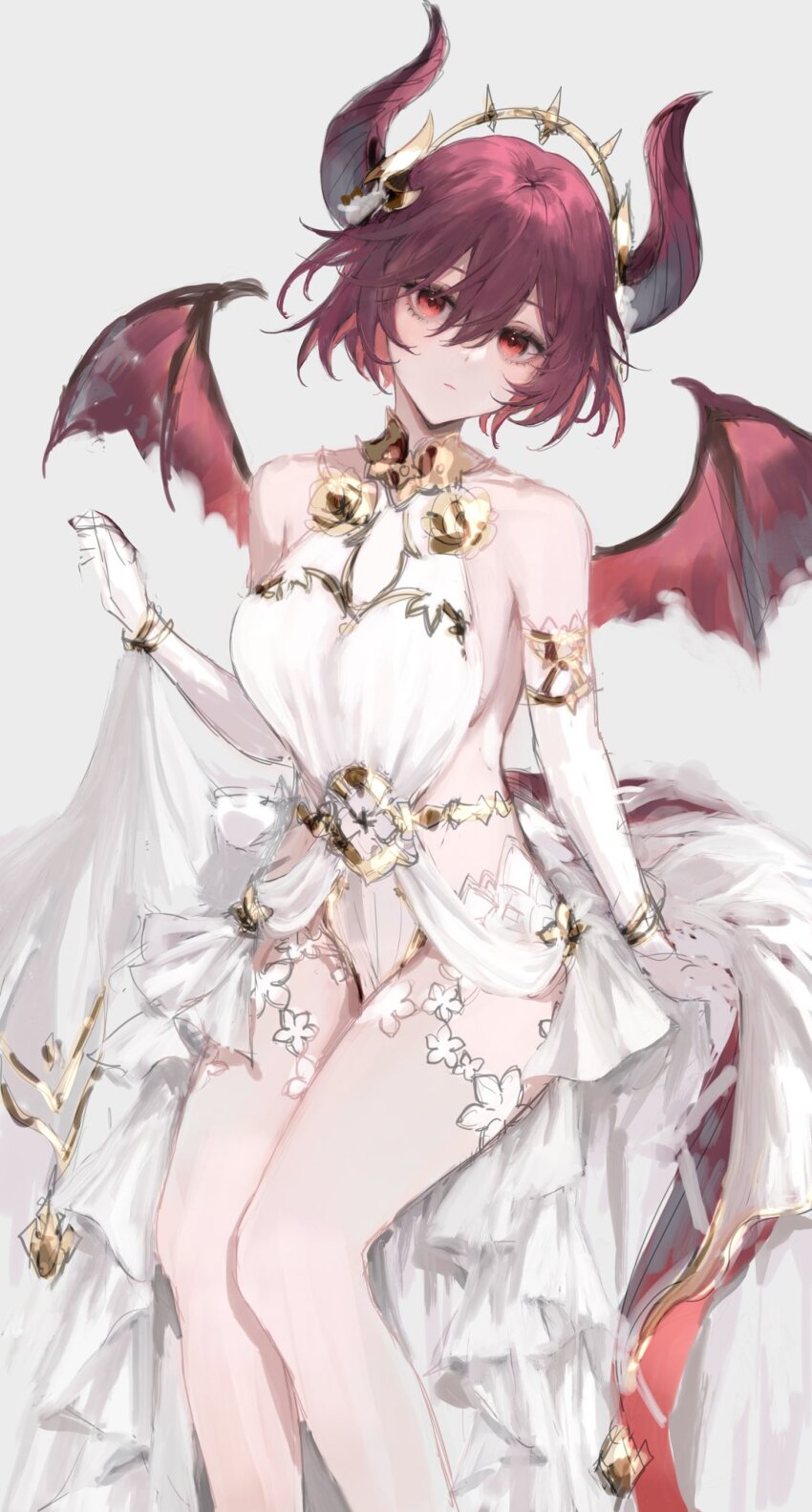 1girl breasts dragon_girl dress gloves grea_(shingeki_no_bahamut) highres horns large_breasts legs manaria_friends medium_hair monster_girl red_eyes red_hair shadowverse shingeki_no_bahamut sideboob skirt tail thighs wings yamiiv